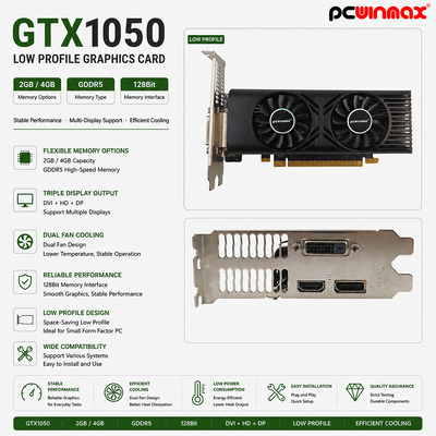 PCWINMAX GTX 1050 بطاقة رسومات سطح المكتب 2GB 128Bit GDDR5 منخفضة الملفات الشخصية مروحة مزدوجة