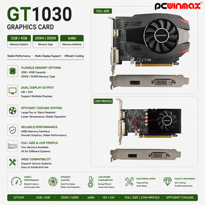 PCWINMAX GT 1030 بطاقة الرسومات ATX GDDR5 2GB بطاقة فيديو سطح المكتب HD DVI