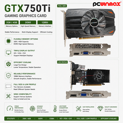 PCWINMAX Geforce GTX 750TI 4GB VGA DVI HD بطاقة رسومات سطح المكتب للعب الألعاب
