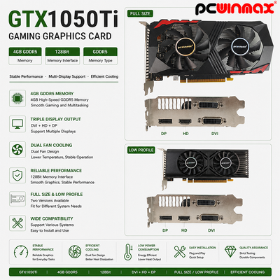 PCWINMAX GeForce GTX 1050 Ti بطاقة رسومات 4GB DDR5 128 بت مروحة مزدوجة 650MHz 1800MHz تردد 1050Ti GPU سطح المكتب
